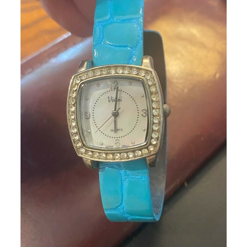 Women's 25mm Silver Tone Vivani Watch, Crystal accents, MOP Face, Turquoise Stra